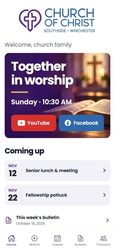 Southside church app home screen with worship links and upcoming events